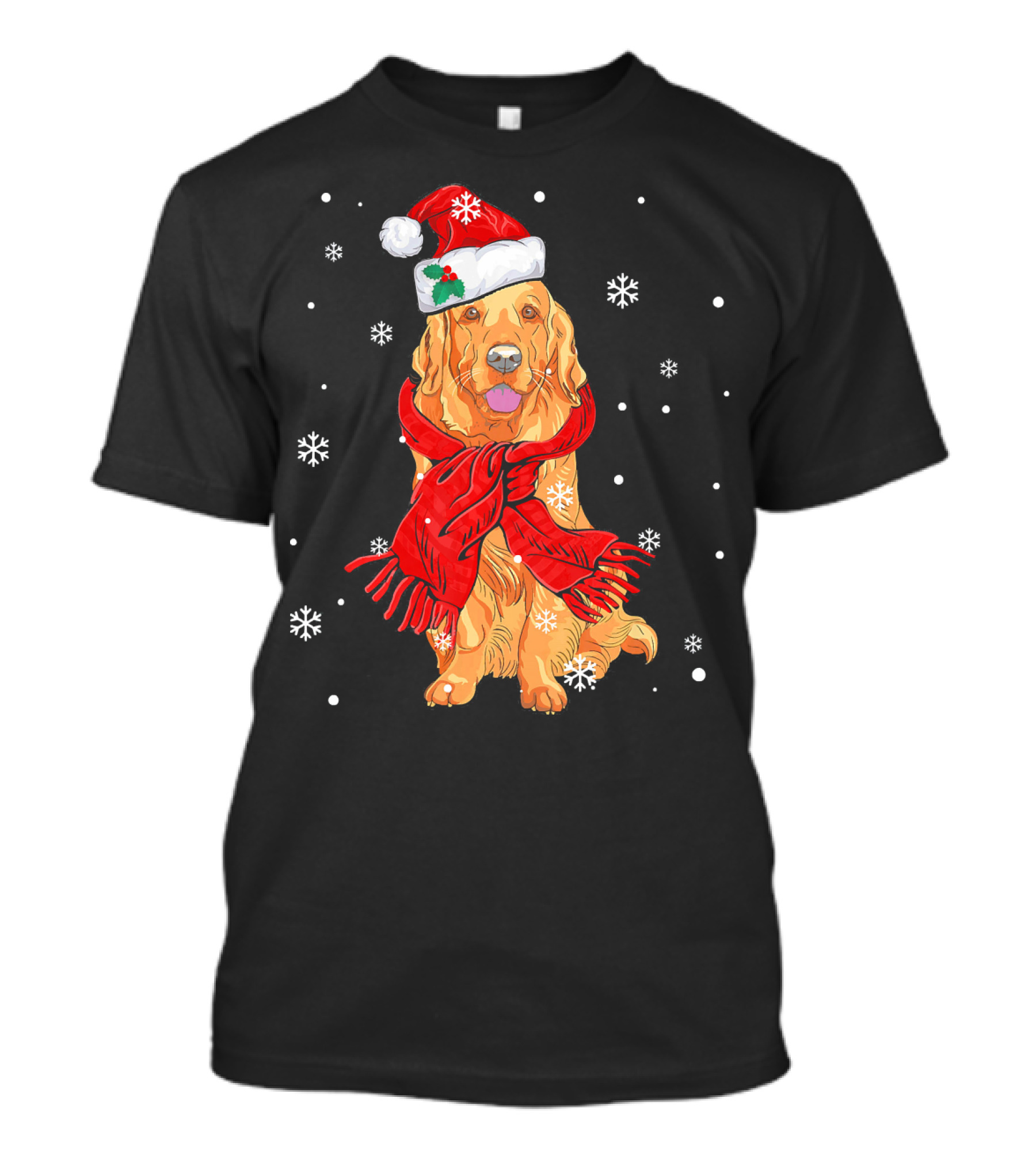 Golden Retriever In Santa Hat And Red Scarf With Snowflakes T-Shirt