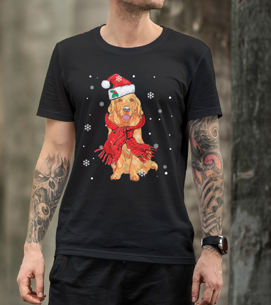 Golden Retriever In Santa Hat And Red Scarf With Snowflakes T-Shirt