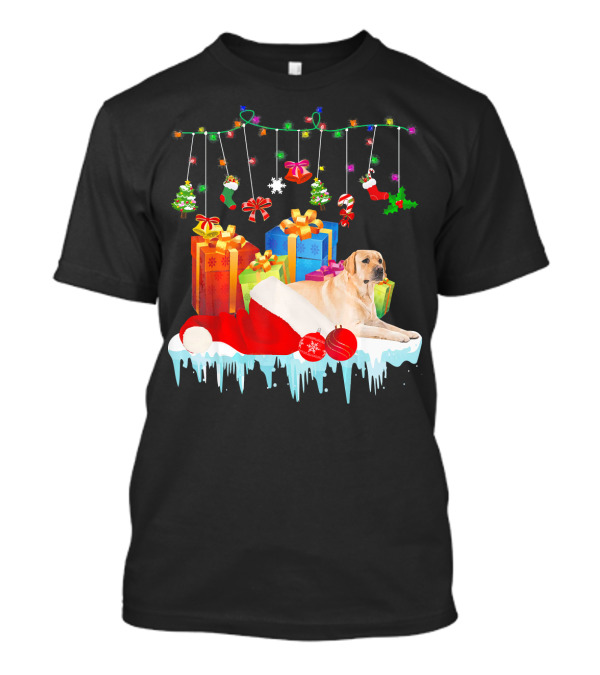 Labrador Retriever With Santa Hat And Christmas Gifts Under Festive Lights T-Shirt