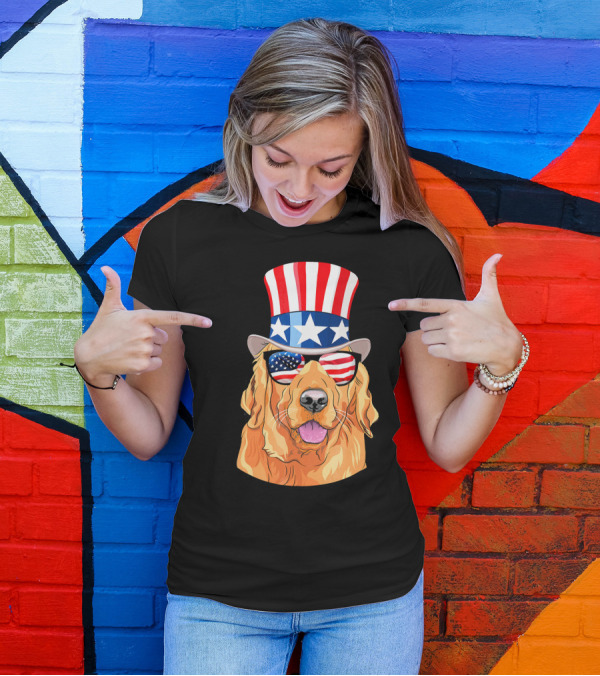Golden Retriever In Stars And Stripes Hat And Sunglasses T-Shirt
