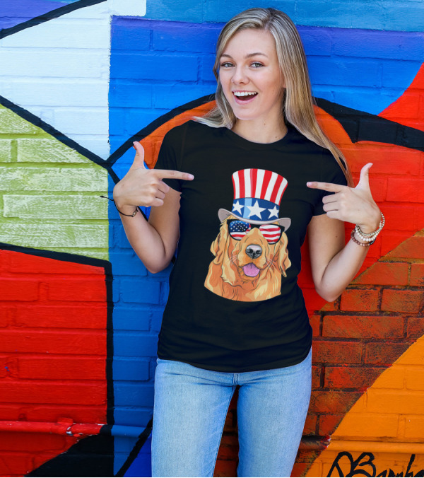 Golden Retriever In Stars And Stripes Hat And Sunglasses T-Shirt