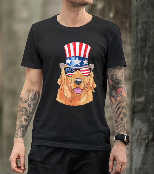 Golden Retriever In Stars And Stripes Hat And Sunglasses T-Shirt