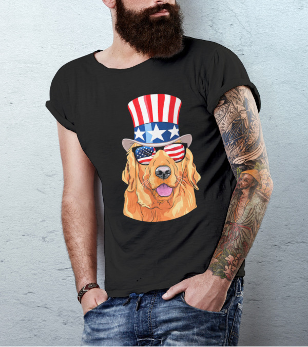 Golden Retriever In Stars And Stripes Hat And Sunglasses T-Shirt