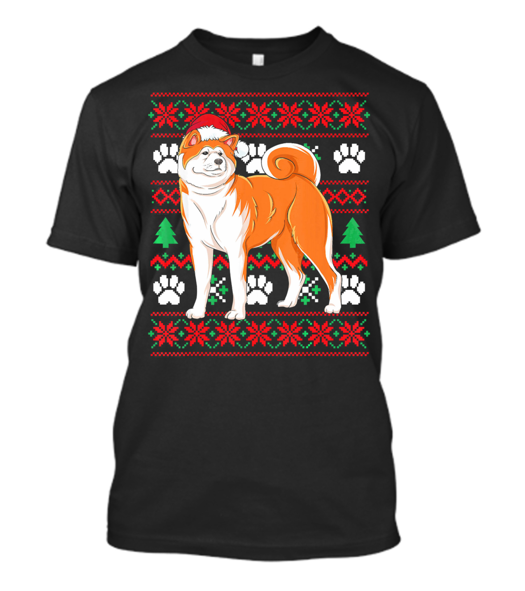Akita Ugly Christmas Sweater Santa Hat Paw Prints Snowflakes Green Trees T-Shirt