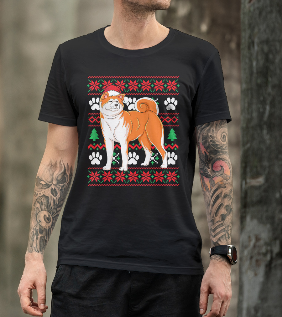 Akita Ugly Christmas Sweater Santa Hat Paw Prints Snowflakes Green Trees T-Shirt