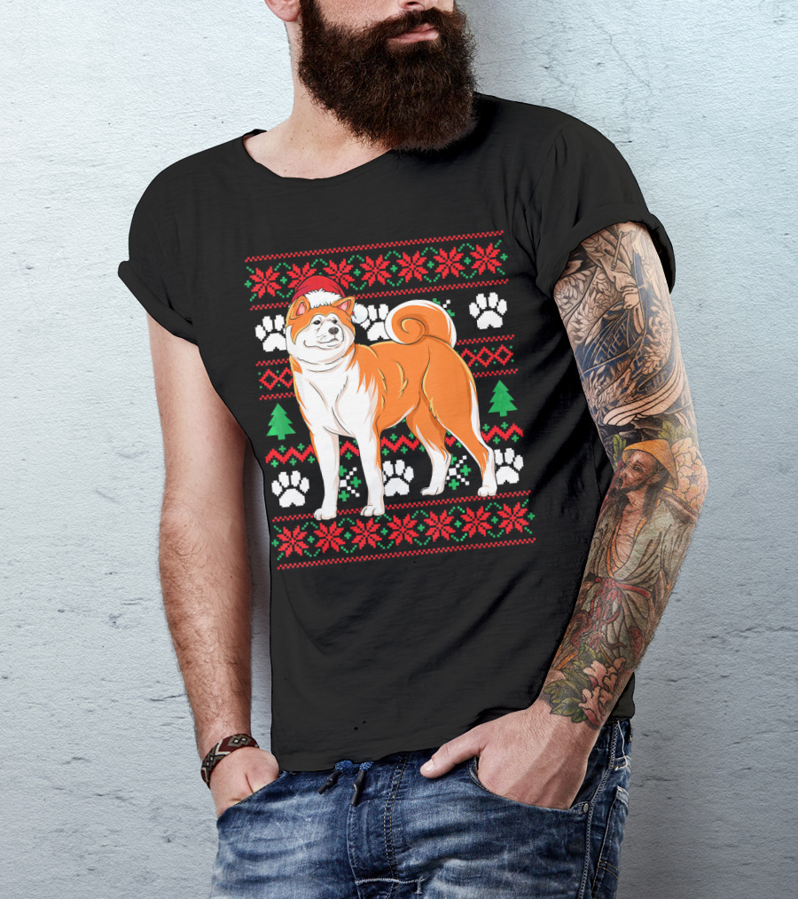 Akita Ugly Christmas Sweater Santa Hat Paw Prints Snowflakes Green Trees T-Shirt