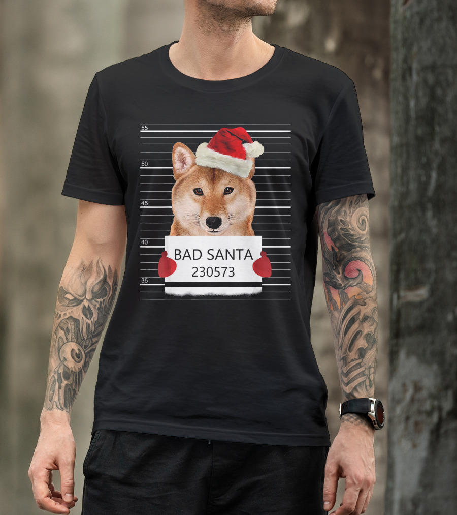 Bad Santa Akita Mugshot Christmas Hat T-Shirt
