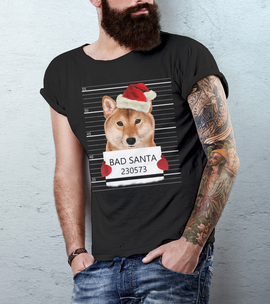 Bad Santa Akita Mugshot Christmas Hat T-Shirt