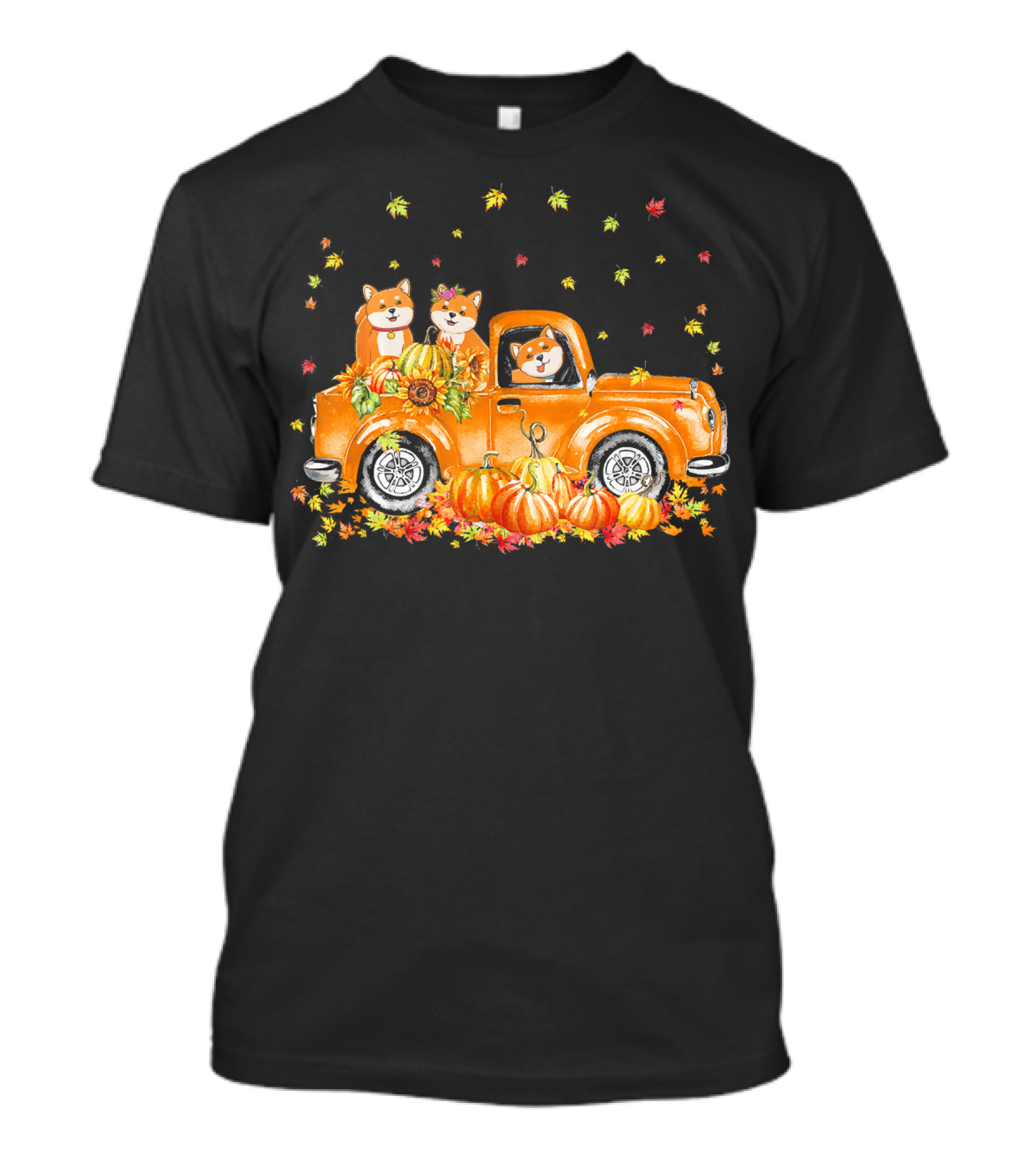 Akita Inu In Vintage Truck With Pumpkins And Autumn Leaves T-Shirt