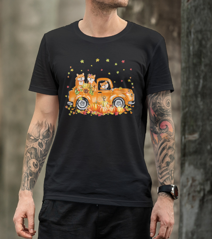 Akita Inu In Vintage Truck With Pumpkins And Autumn Leaves T-Shirt