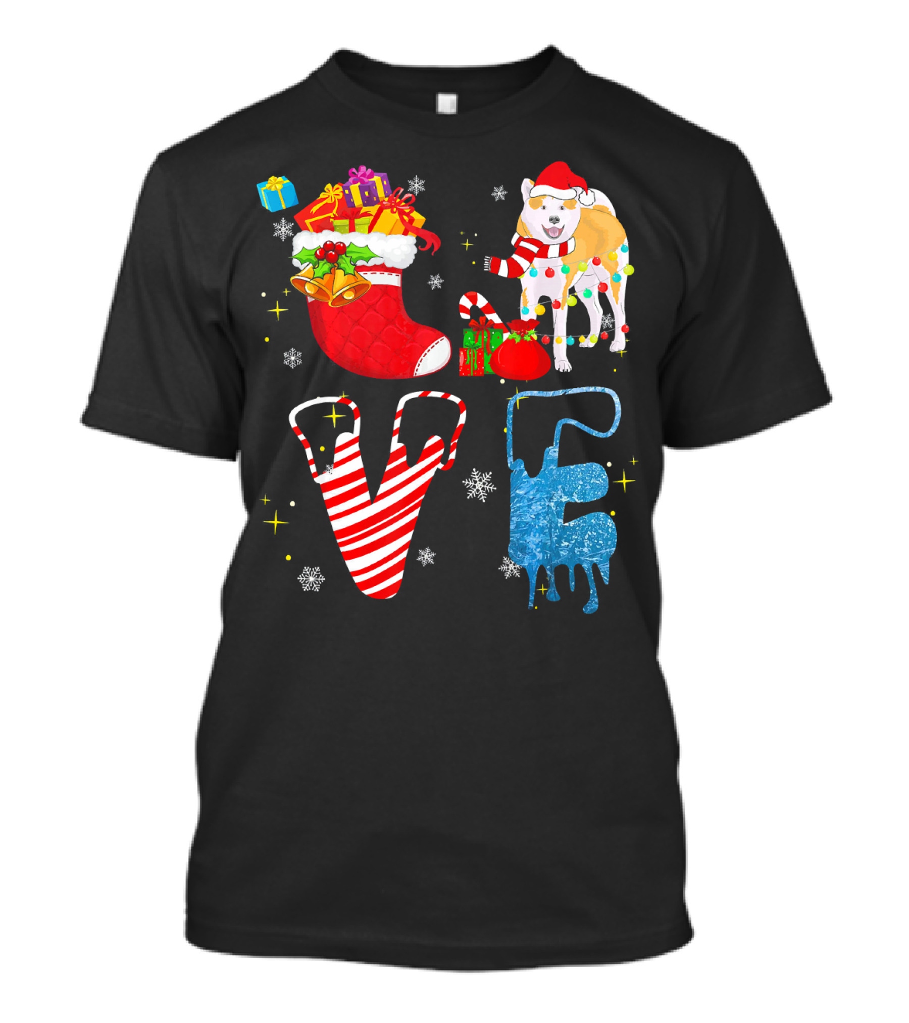 Akita Inu Christmas Love With Festive Stocking And Santa Hat T-Shirt