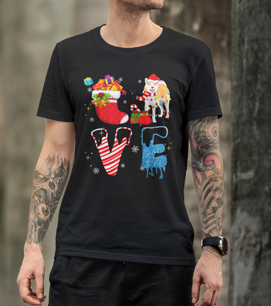 Akita Inu Christmas Love With Festive Stocking And Santa Hat T-Shirt