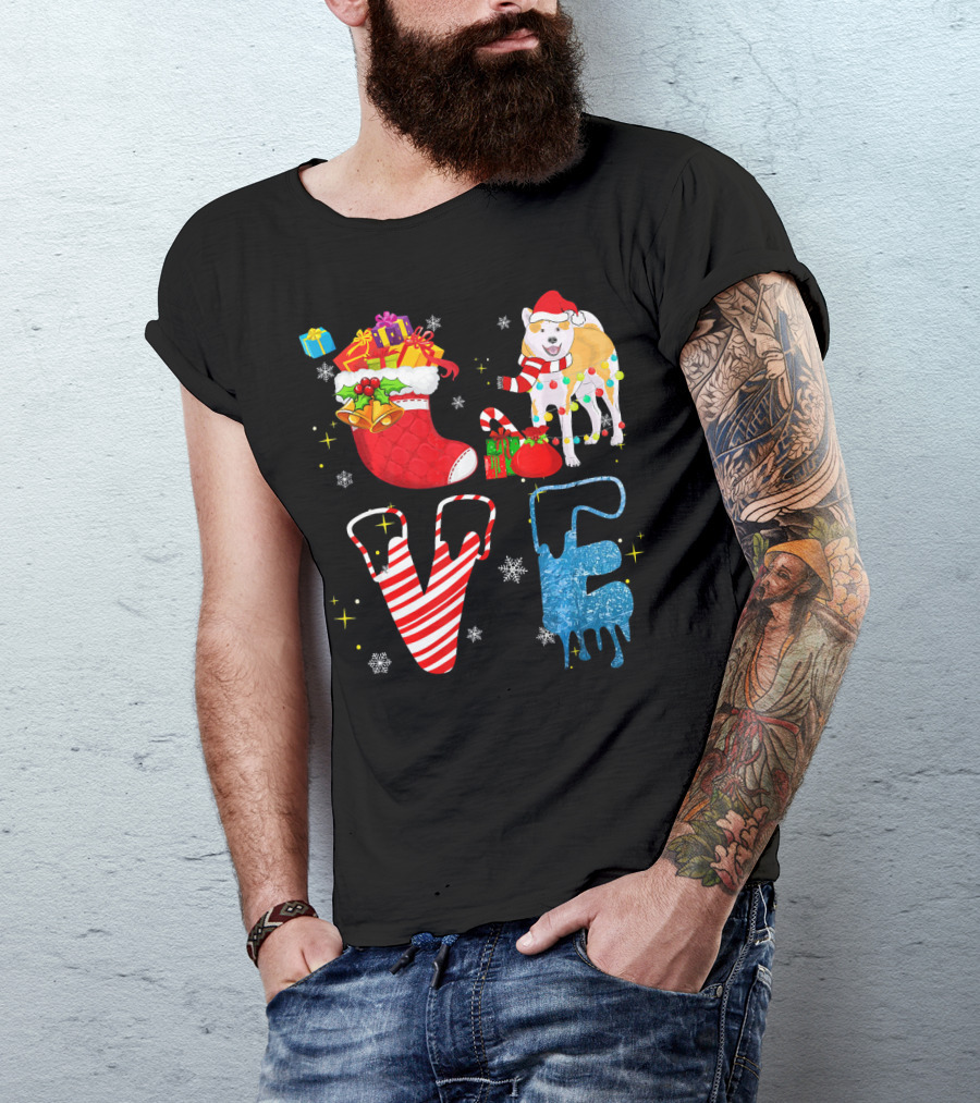 Akita Inu Christmas Love With Festive Stocking And Santa Hat T-Shirt