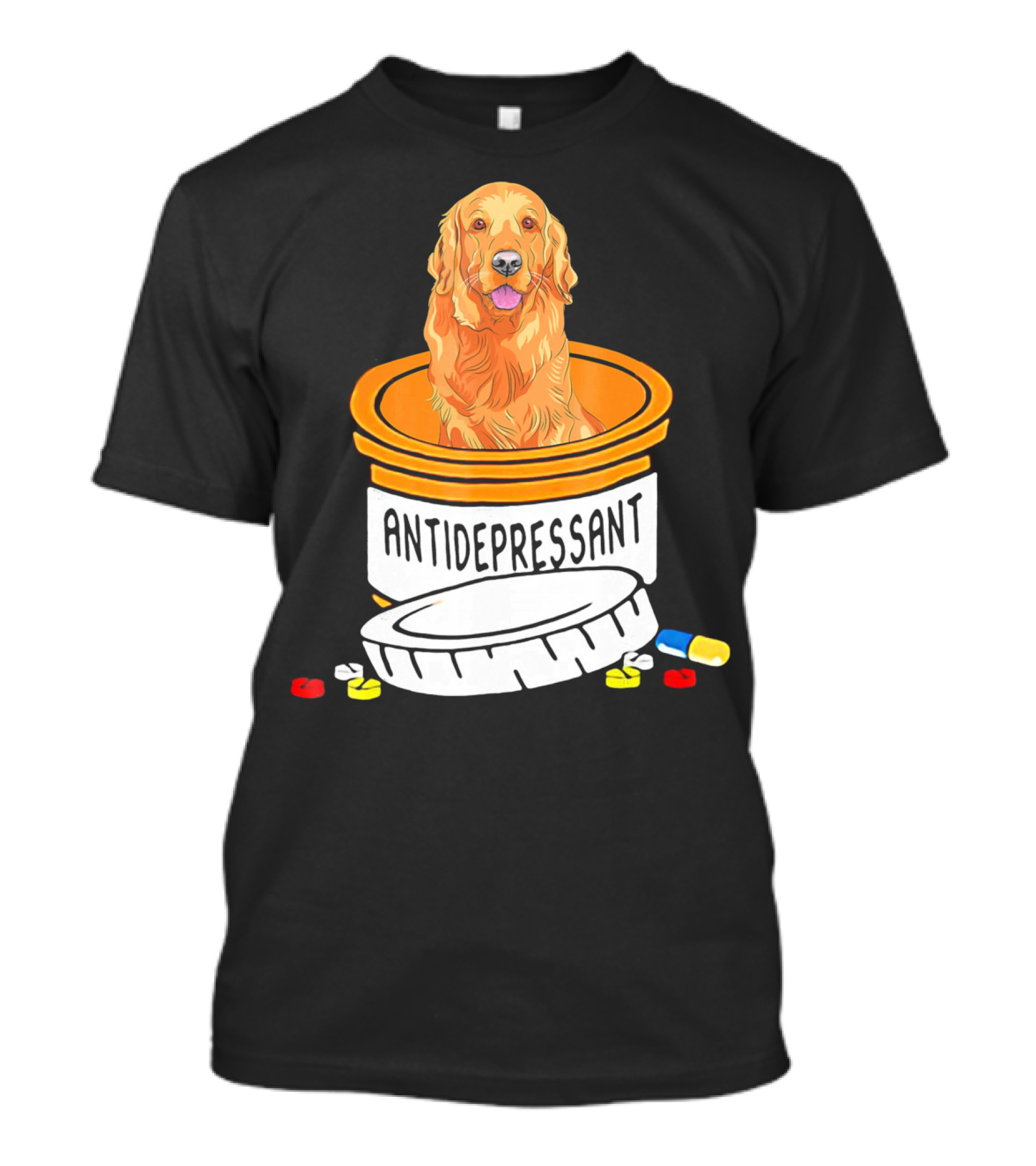 Antidepressant Golden Retriever In Prescription Pill Bottle With Medication Capsules T-Shirt