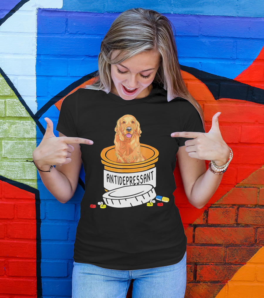 Antidepressant Golden Retriever In Prescription Pill Bottle With Medication Capsules T-Shirt