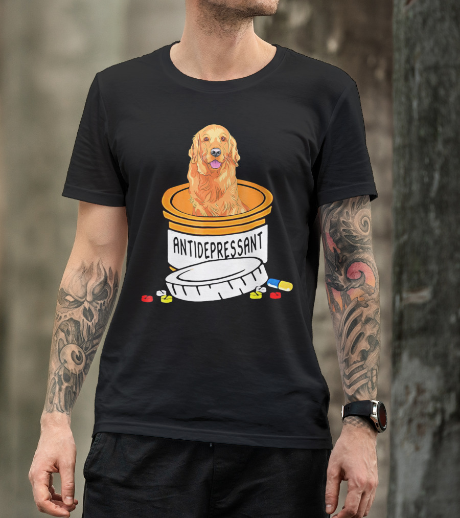 Antidepressant Golden Retriever In Prescription Pill Bottle With Medication Capsules T-Shirt