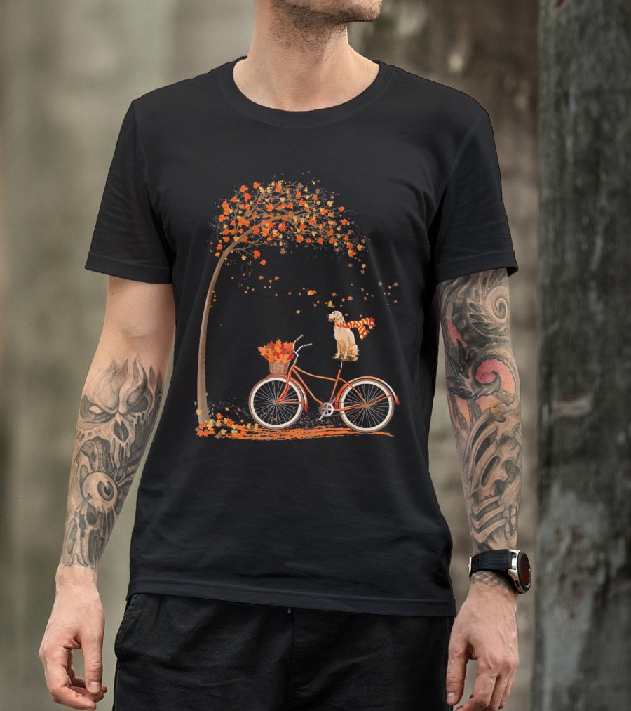 Dog Leaf Fall Autumn Cycling Funny Golden Retriever On Bicycle T-Shirt