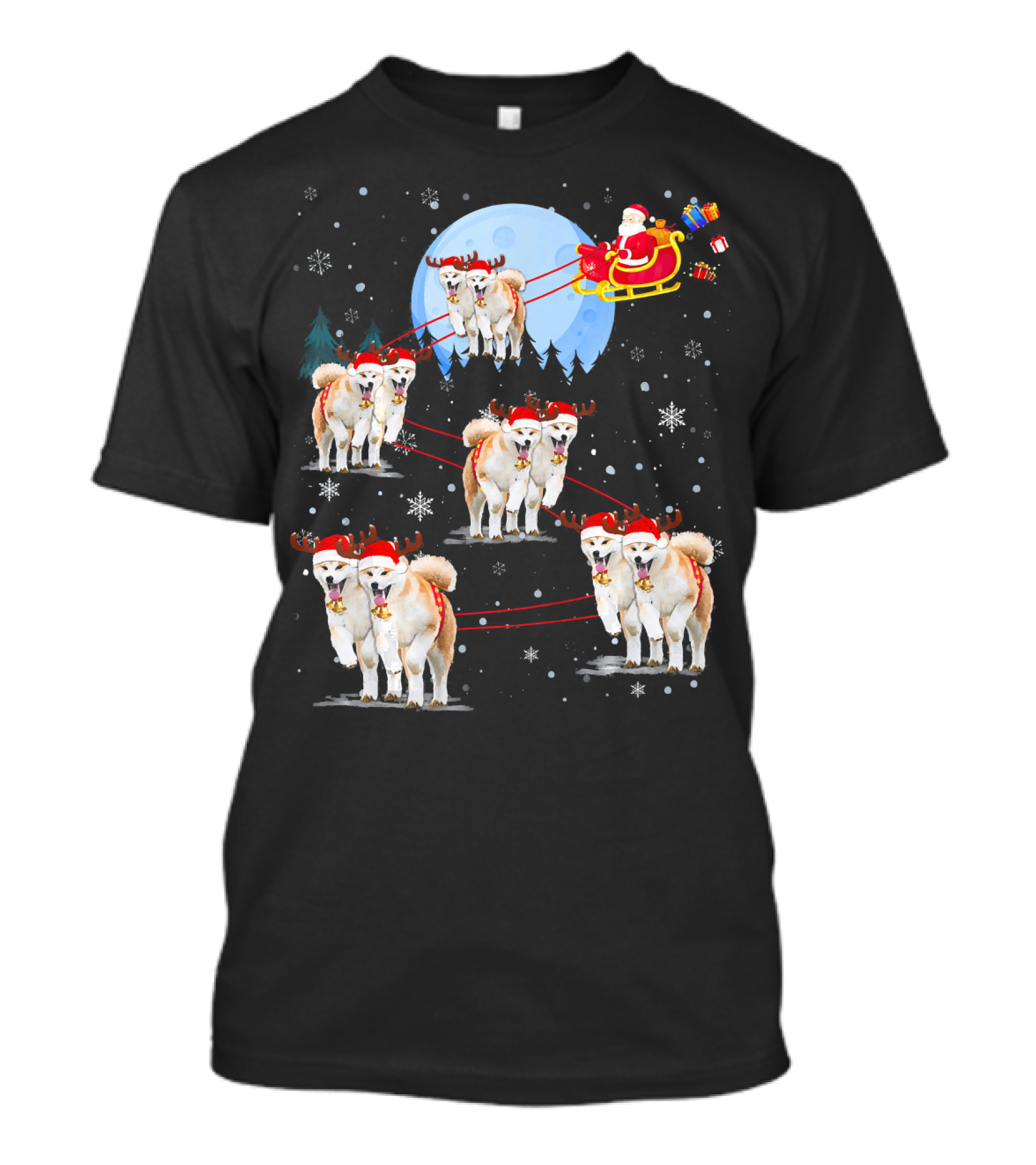 Akita Reindeer Santa Sleigh Under Moonlight Christmas Scene T-Shirt