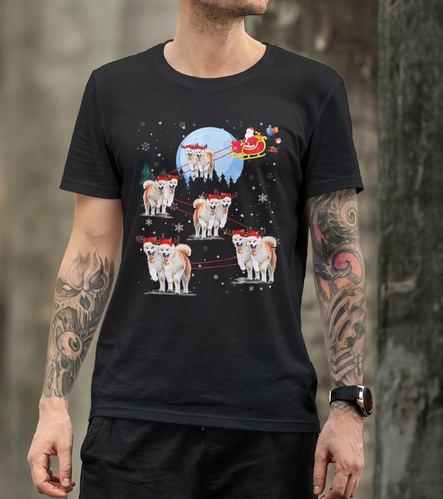 Akita Reindeer Santa Sleigh Under Moonlight Christmas Scene T-Shirt