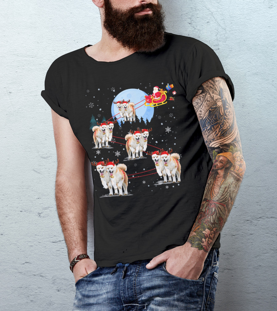 Akita Reindeer Santa Sleigh Under Moonlight Christmas Scene T-Shirt