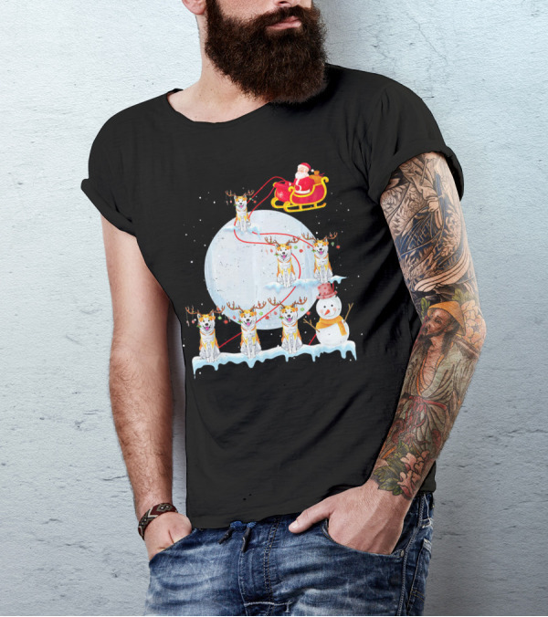 Funny Akita Christmas Santa Riding Akita Dogs In Sleigh Scene T-Shirt