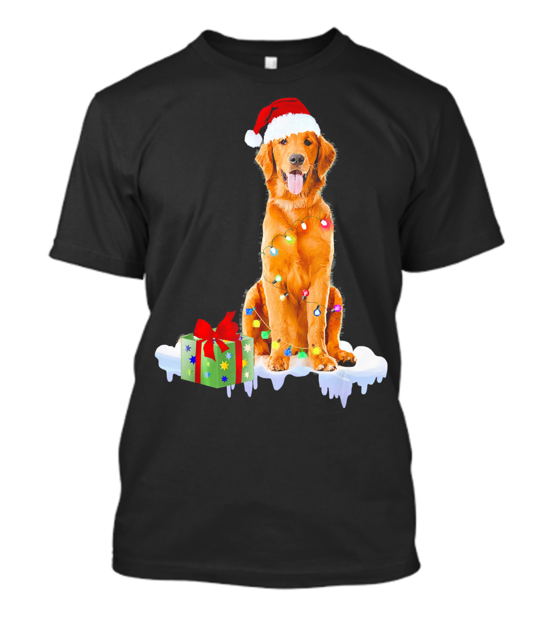 Golden Retriever Wrapped In Christmas Lights With Santa Hat And Present T-Shirt