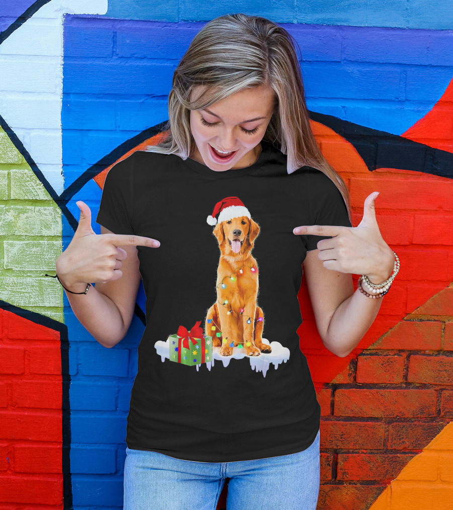 Golden Retriever Wrapped In Christmas Lights With Santa Hat And Present T-Shirt