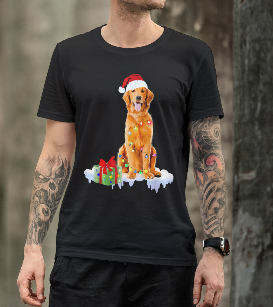 Golden Retriever Wrapped In Christmas Lights With Santa Hat And Present T-Shirt