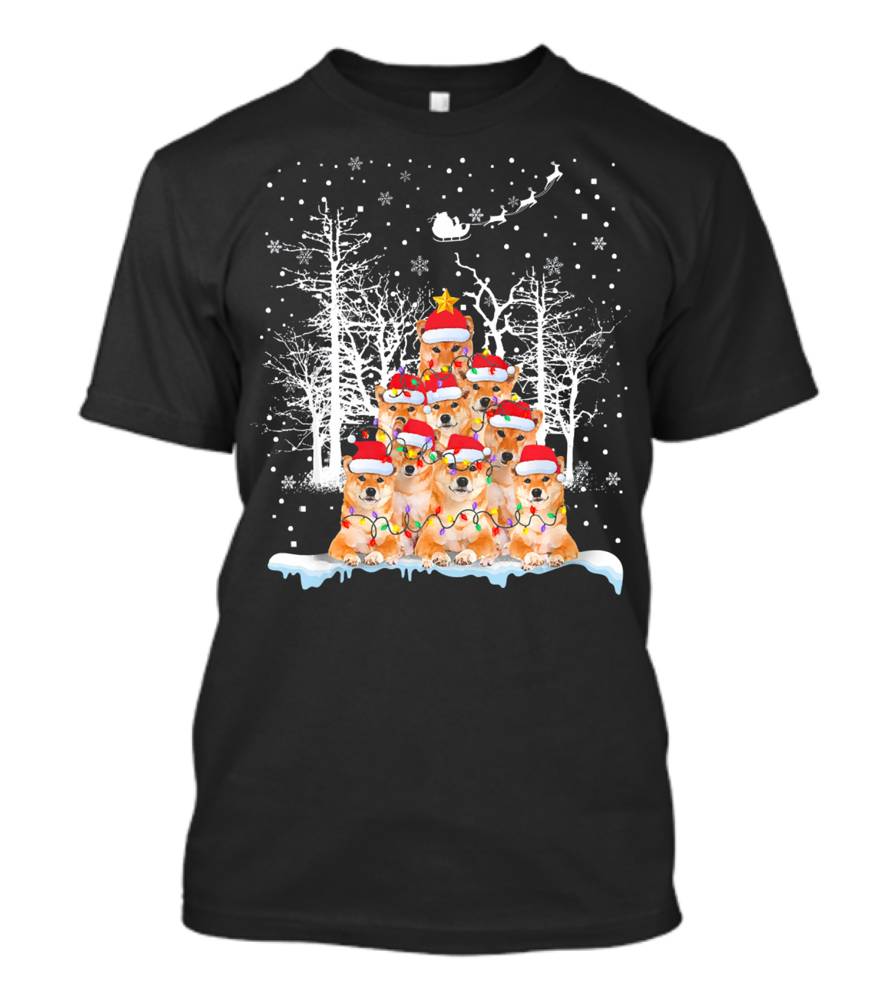 Akita Inu Christmas Tree With Santa Hats And Lights Dog Lovers T-Shirt
