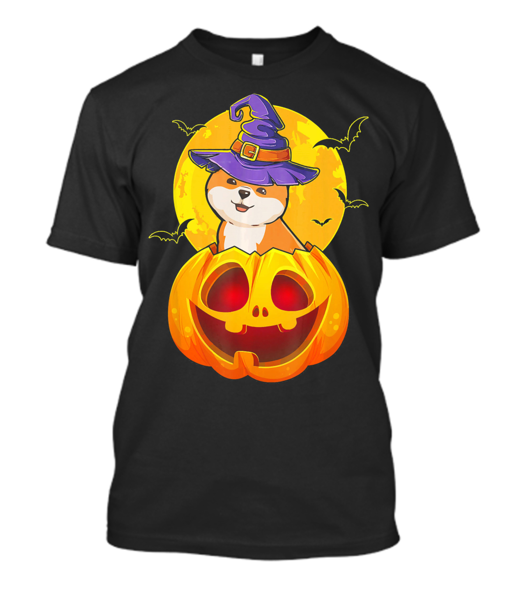 Akita Inu With Witch Hat And Bats In Jack O Lantern Moon Scene T-Shirt