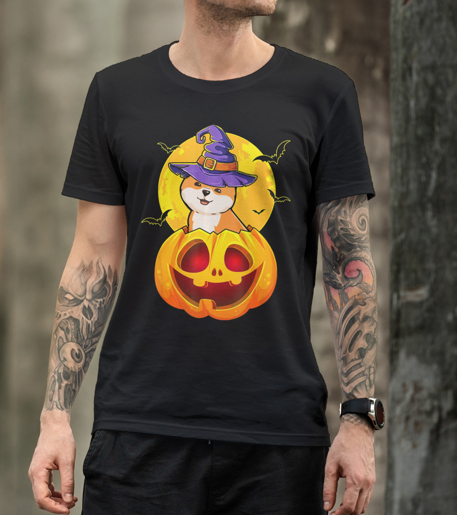 Akita Inu With Witch Hat And Bats In Jack O Lantern Moon Scene T-Shirt