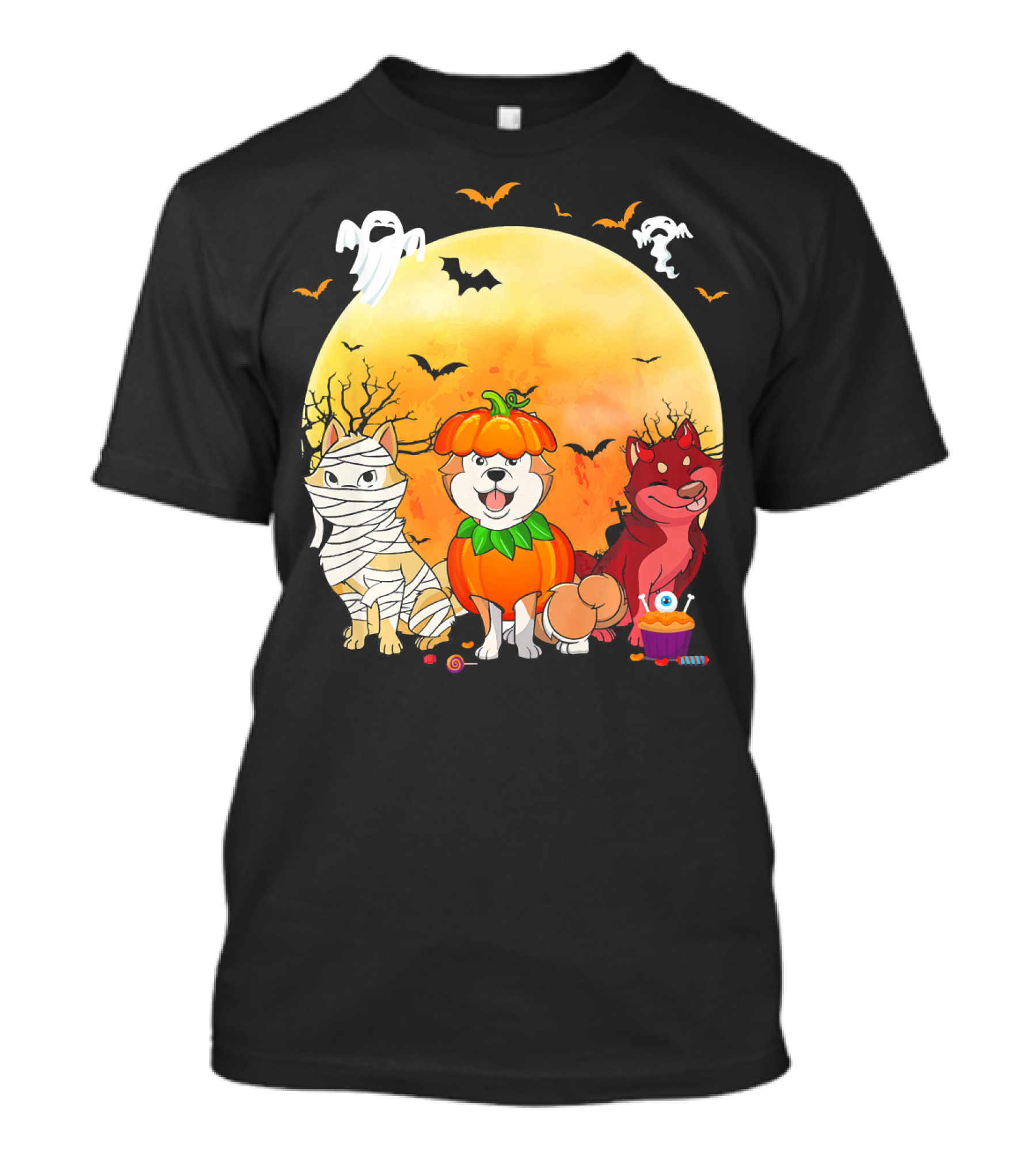 Akita Inu Dog Mummy Pumpkin Devil Halloween Ghosts Bats Cupcake T-Shirt
