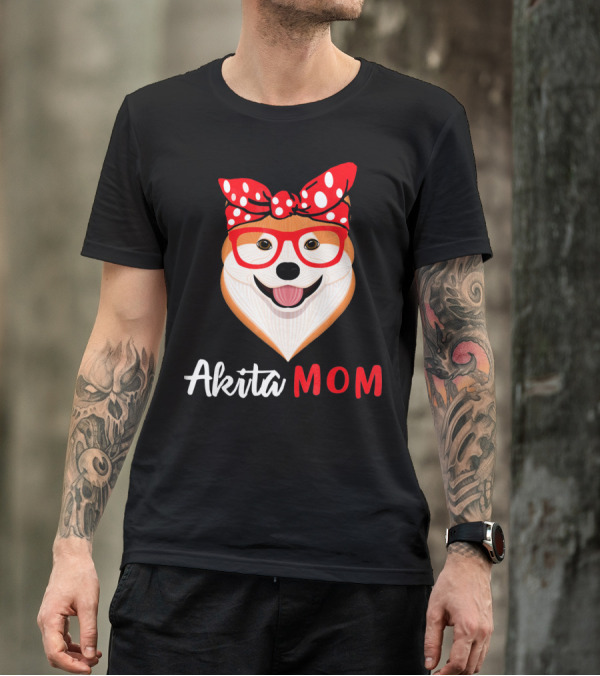 Akita Mom Red Glasses Polka Dot Bandana Dog Lovers Fashion T-Shirt