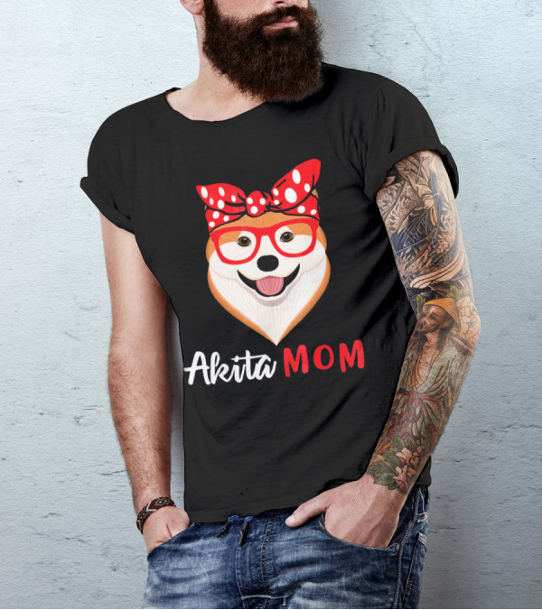 Akita Mom Red Glasses Polka Dot Bandana Dog Lovers Fashion T-Shirt
