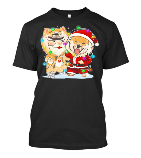 Akita Dogs In Santa Outfits With Holiday Christmas Lights T-Shirt