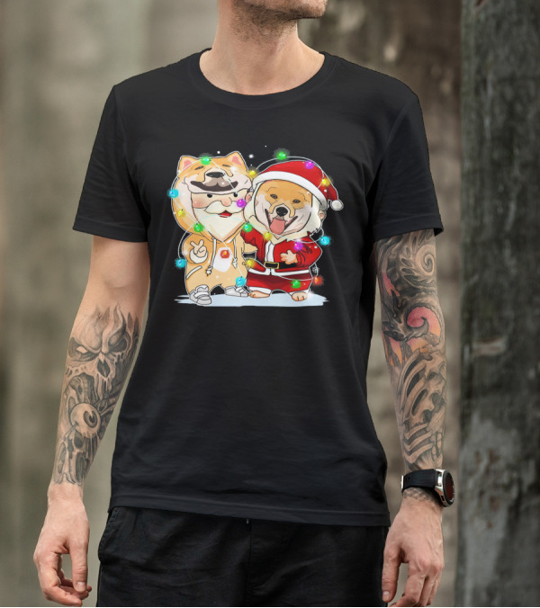 Akita Dogs In Santa Outfits With Holiday Christmas Lights T-Shirt