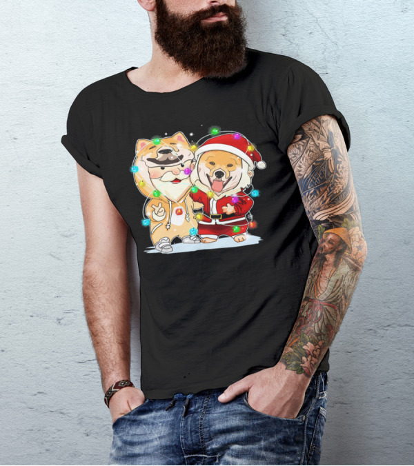 Akita Dogs In Santa Outfits With Holiday Christmas Lights T-Shirt