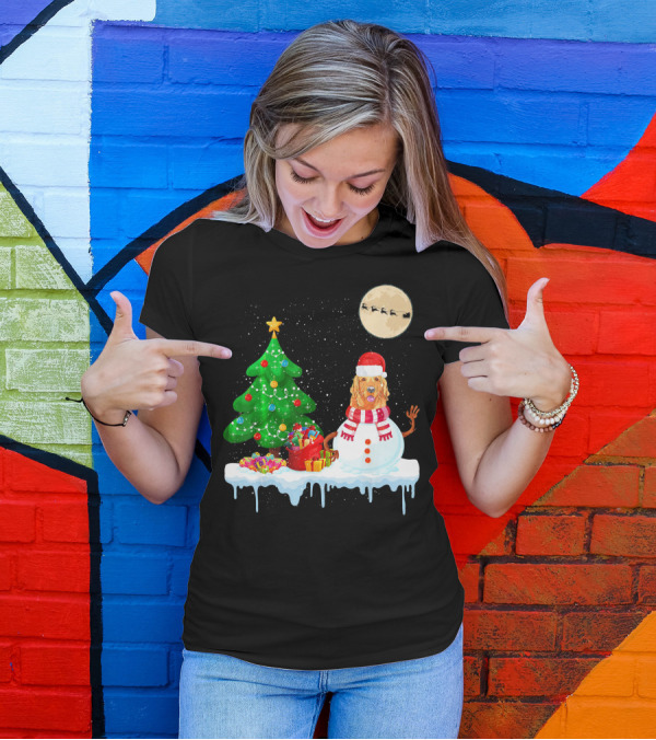 Golden Retriever Snowman Christmas Tree Santa Moon Sleigh T-Shirt