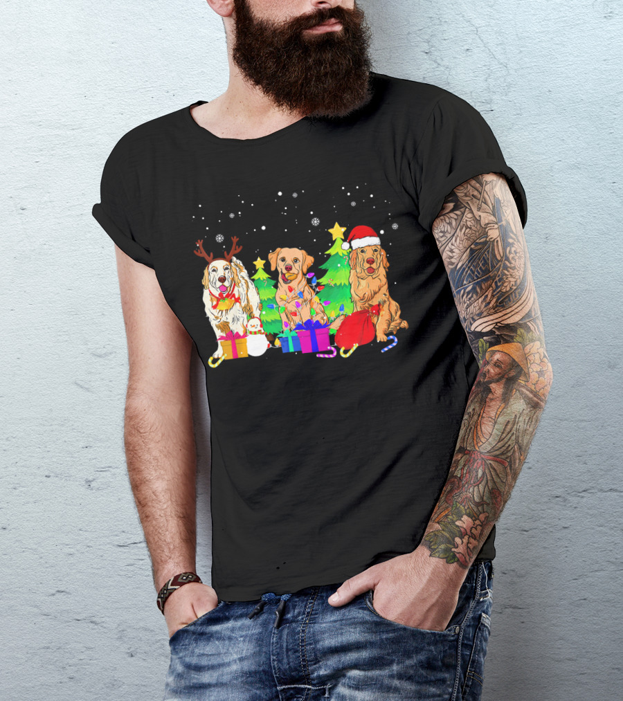 Energetic Labrador Retriever Christmas Trio With Reindeer Antlers And Santa Hat T-Shirt