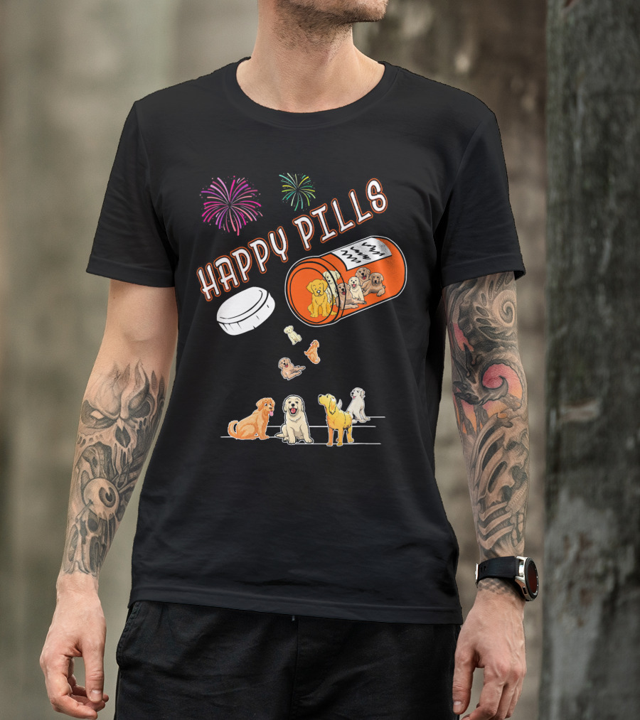Happy Pills Dogs Fireworks Golden Retriever T-Shirt