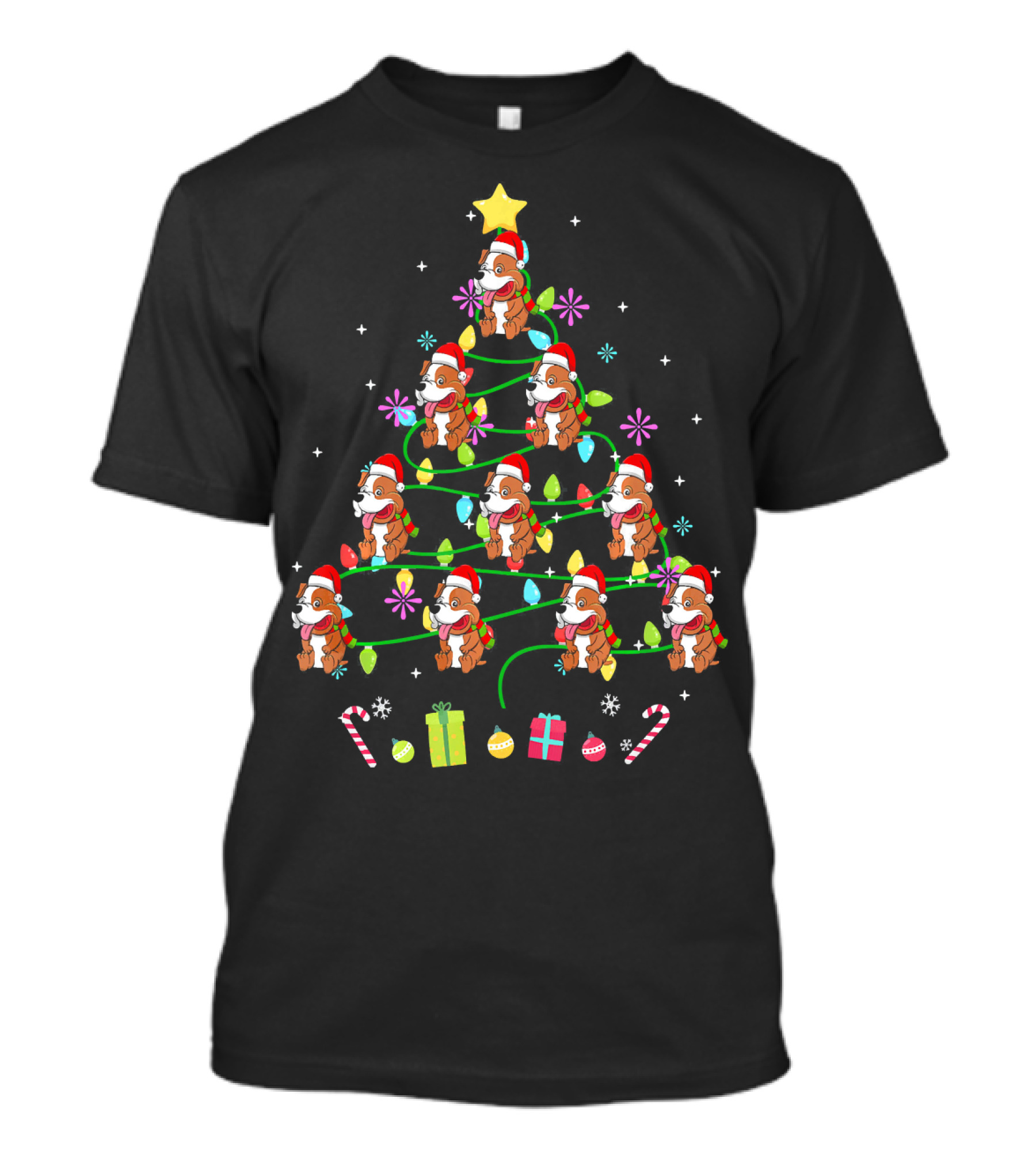 Funny Pit Bull Christmas Tree With Santa Hats And Festive Lights T-Shirt