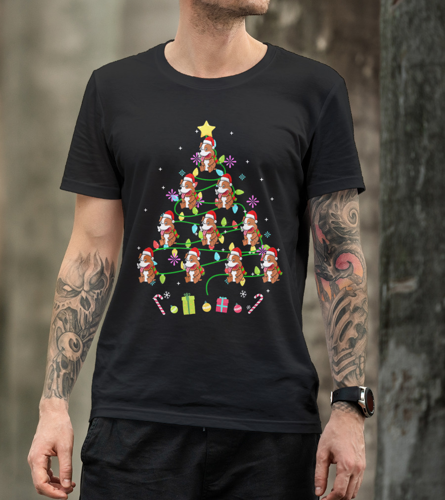 Funny Pit Bull Christmas Tree With Santa Hats And Festive Lights T-Shirt