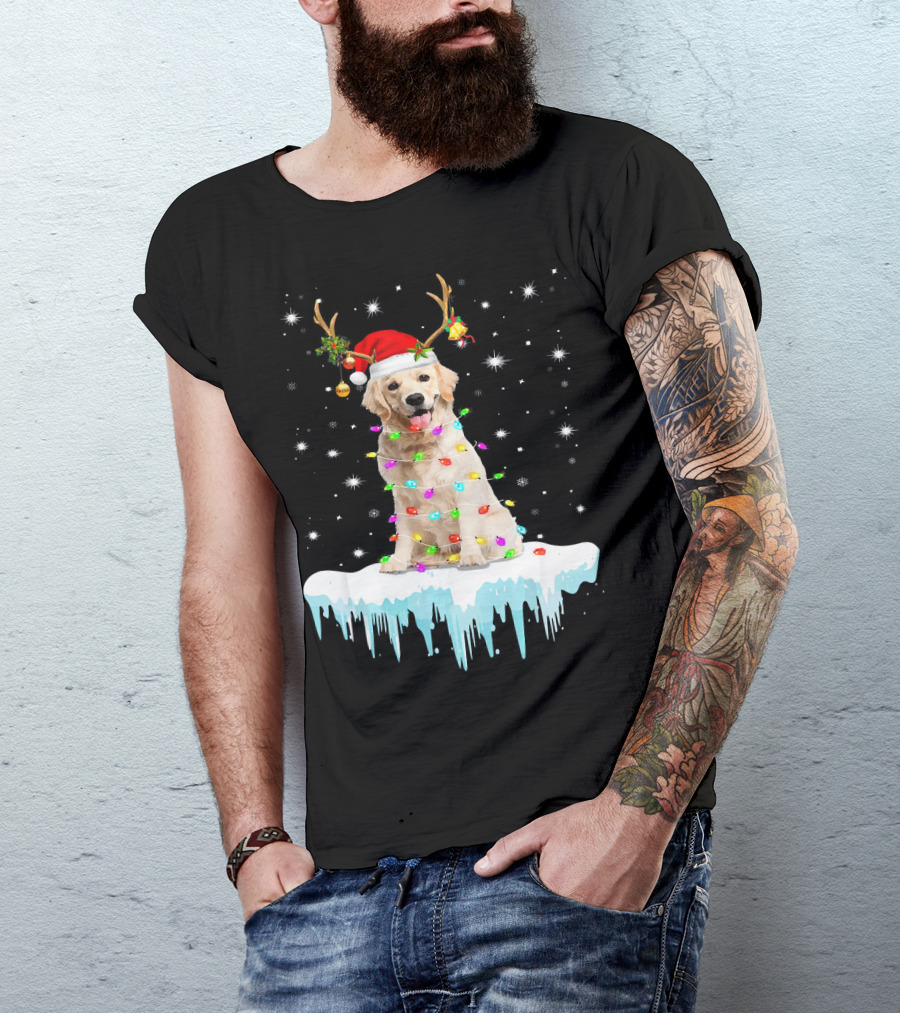Golden Retriever Santa Hat Reindeer Horn Christmas Lights Snowflakes T-Shirt