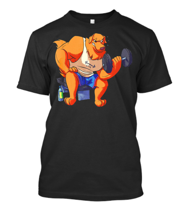 Golden Retriever Gym Weightlifting Bodybuild Cartoon With Dumbbell T-Shirt