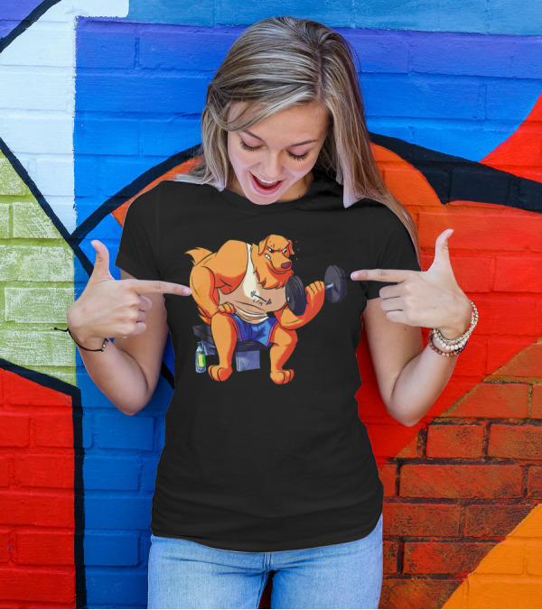 Golden Retriever Gym Weightlifting Bodybuild Cartoon With Dumbbell T-Shirt