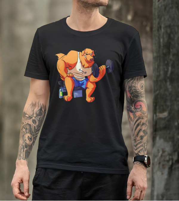 Golden Retriever Gym Weightlifting Bodybuild Cartoon With Dumbbell T-Shirt