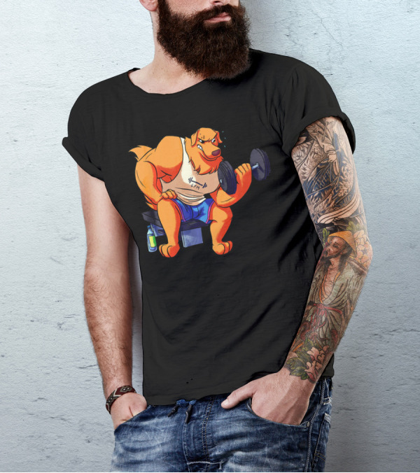 Golden Retriever Gym Weightlifting Bodybuild Cartoon With Dumbbell T-Shirt
