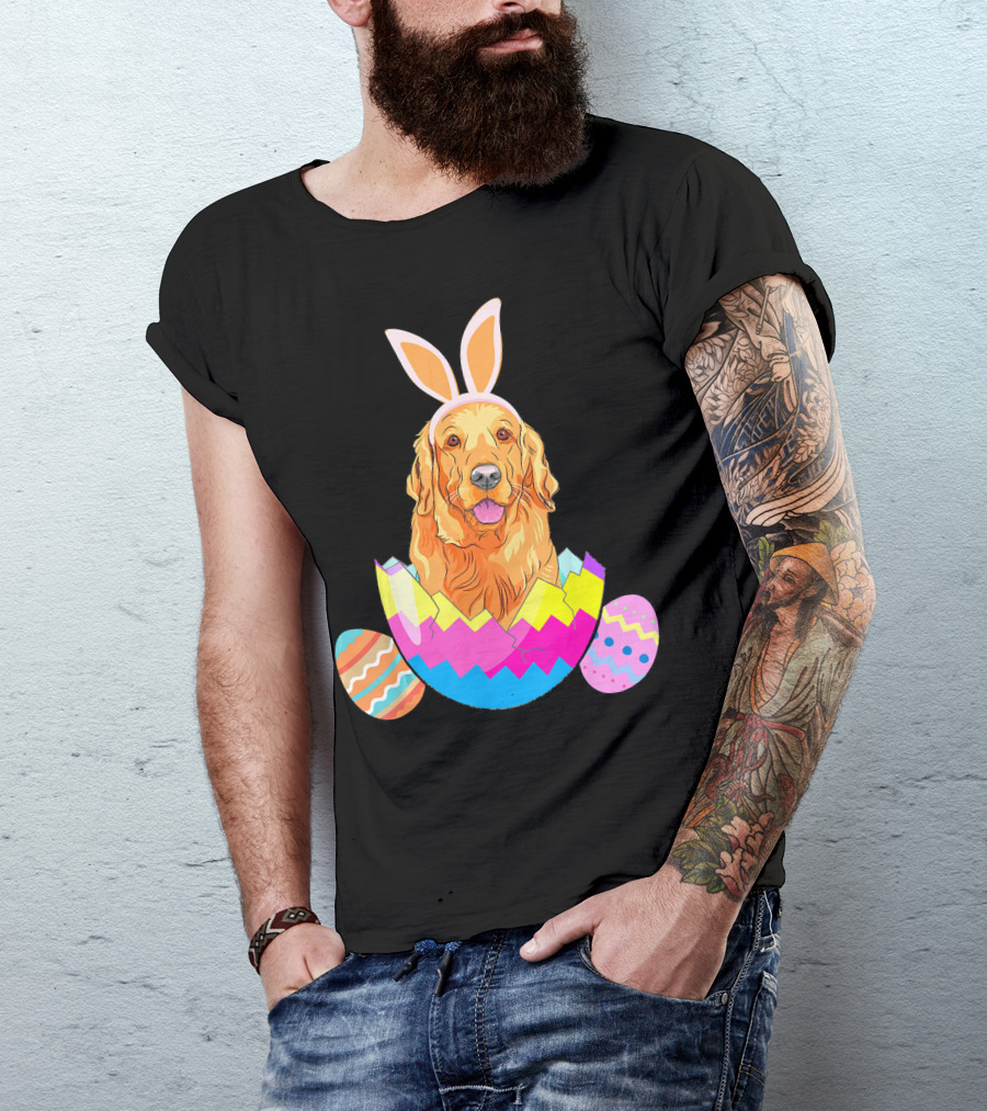 Golden Retriever In Bunny Ears Inside Colorful Easter Egg T-Shirt