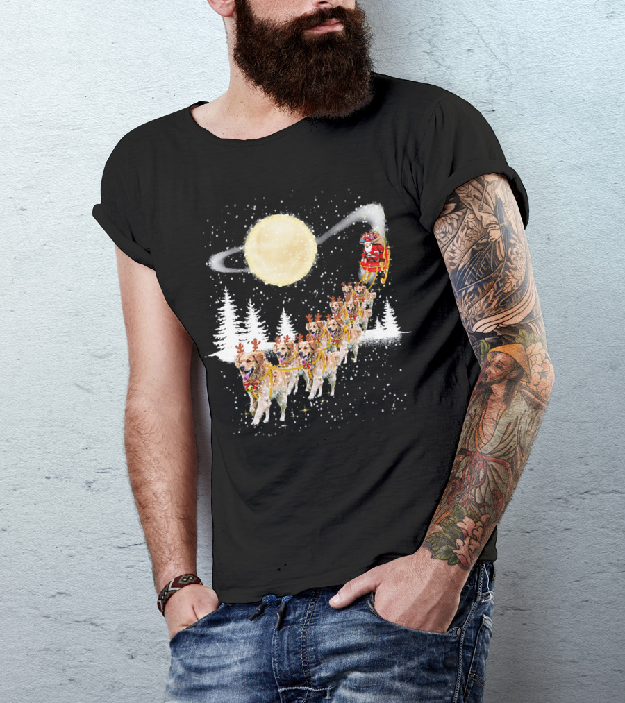 Santa's Sleigh With Golden Retriever Reindeer Under Full Moon T-Shirt