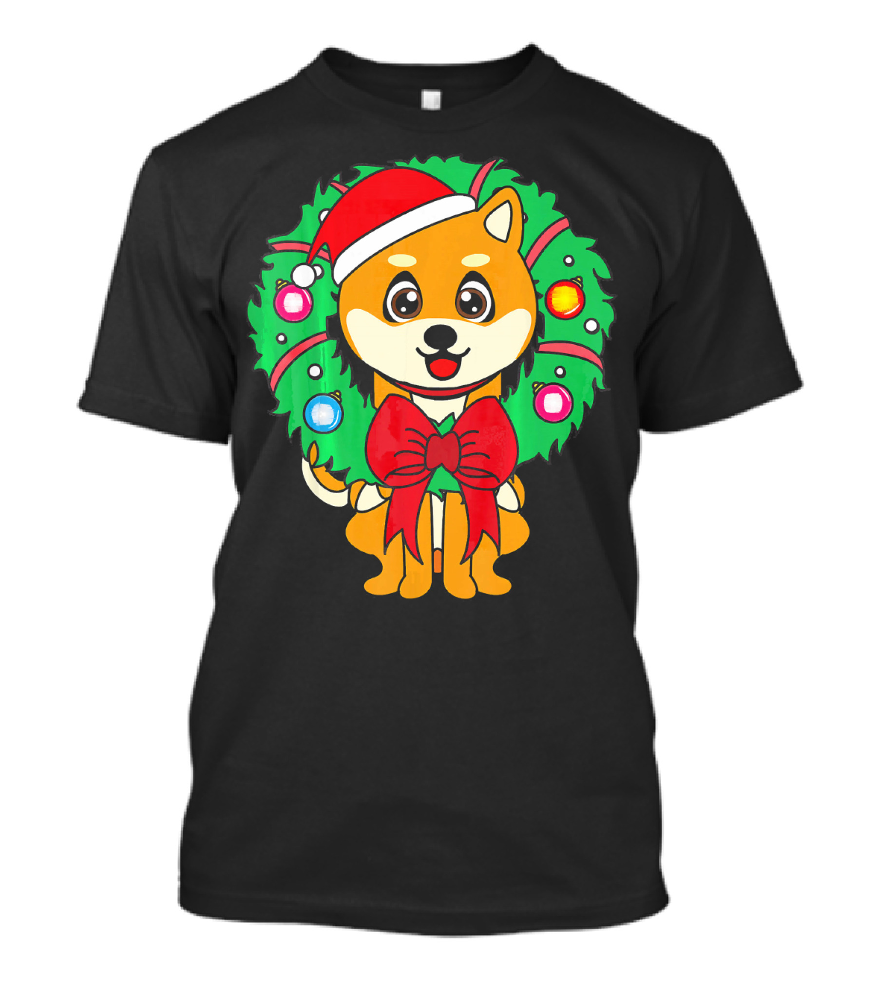 Akita In Santa Hat With Christmas Wreath T-Shirt